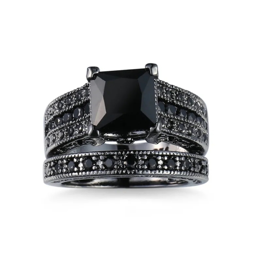 Fancy Black Princess Cut Bridal Sets in Black Sterling Silver - Picture 3 of 6